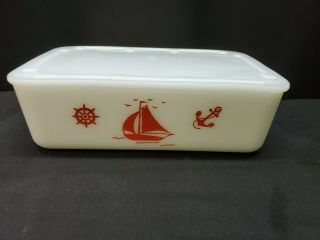 Vintage Mckee Refrigerator Dish Milk Glass Red Sailboat Pattern W/ Lid 7.  5 " X 5 "