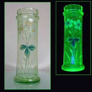 Antique Victorian C1920 Floral Enamelled Vaseline Glass Vase Art Nouveau