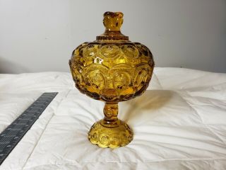 Vintage Amber Depression Glass Footed Pedestal Covered Candy Dish Bowl 9.  5 "