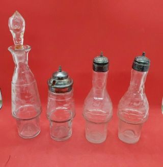 Rare Antique Victorian Cruet Etched Glass Crystal Silver Tops Replacement Btp