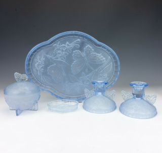 Vintage Butterfly Decorated Blue Frosted Glass Dressing Table Set - Art Deco
