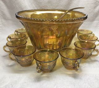 Vintage Indiana Harvest Grape Amber Carnival Glass Punch Bowl W/ 12 Cups & Ladl