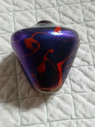 Vintage Signed Art Glass Cabinet Vase By Dahle 1985 Lovely Deep Blue With Red.