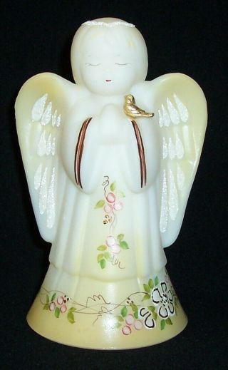 Fenton Glass Angel With Hand Painted Flowers,  Floral & Attached Bird (l.  E.  246)