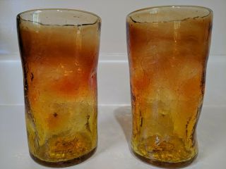Vintage Blenko 2 Yellow Gold Orange Hand Blown Crackle Pinched Glass Tumblers