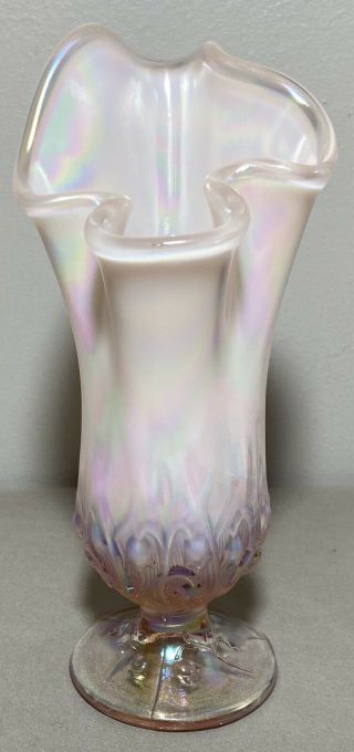 Fenton Pink Opalescent Lily Of The Valley Swung Handkerchief Vase Art Glass 7.  5”