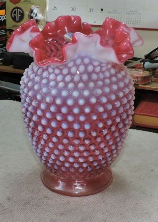 Vintage Fenton Glass Cranberry Opalescent Hobnail 8 " Vase Crimped Edge With Tag