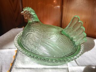 Vintage Indiana Depression Glass Green Hen On Nest Candy Dish