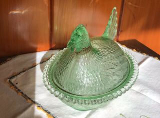 Vintage Indiana Depression Glass Green Hen On Nest Candy Dish 2
