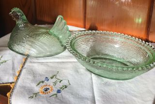 Vintage Indiana Depression Glass Green Hen On Nest Candy Dish 3