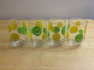 Vtg Set Of 4 Yellow & Green Smiley Face Drinking Glasses Juice Glass Fast Ship