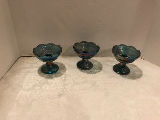 Set 3 Indiana Blue Carnival Glass Candle Stick Holders Harvest Grape 4 X 4 1/2