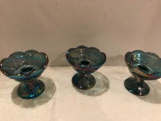 Set 3 Indiana Blue Carnival Glass Candle Stick Holders Harvest Grape 4 x 4 1/2 2