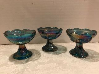 Set 3 Indiana Blue Carnival Glass Candle Stick Holders Harvest Grape 4 x 4 1/2 3