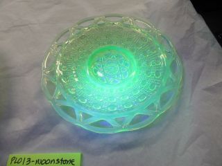 Imperial Opalescent Glass Vaseline Glass Bonbon Dish Lace Edge Buttons & Cane