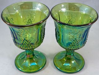 Set Of 2 Vintage Green Iridescent Carnival Glass Goblets Harvest Grape Indiana