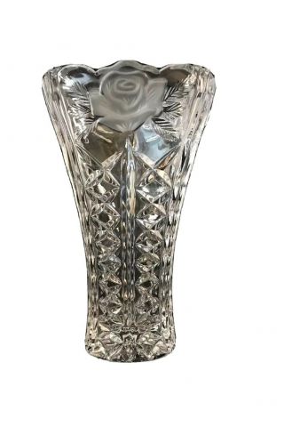 Glass Crystal Vase Frosted Rose Crystal Clear Industries 7 3/4 " Tall With Label