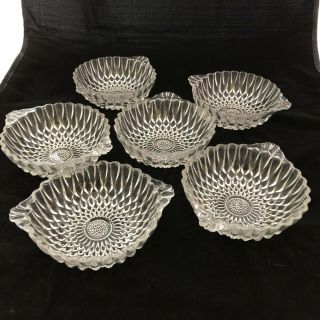 Set Of Six Vintage Clear Pressed Glass Desert / Nut Dishes / Bowls With Handles