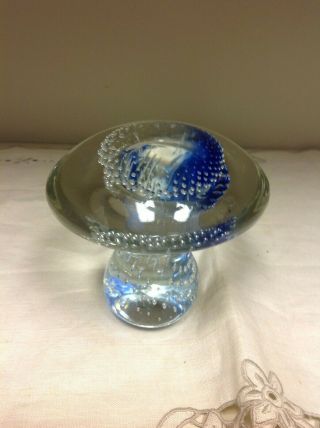 Vintage 1960s Viking Glass Blue And Clear Mushroom Paperweight