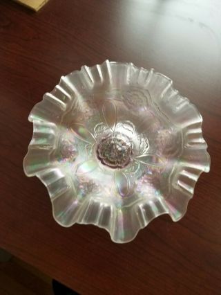 Wow White Dugan Carnival Glass Double Stem Rose 3 &1candy Ribbon Edge Bowl