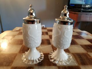 Fenton White Milk Glass Spanish Lace Silver Crest Salt And Pepper Shaker Set