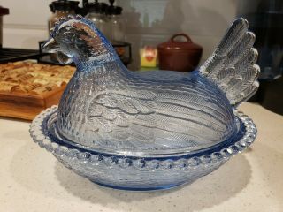 Vintage Indiana Glass Light Blue Hen On Nest Chicken Covered Beaded Candy Dish