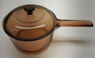 Vtg Vision Corning Glass Cookware 1.  5 L Sauce Pan & Pyrex Lid Amber Brown Usa