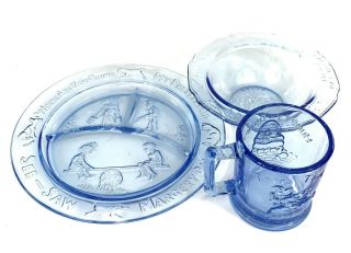 Vintage Child Dish Plate,  Bowl,  Cup - Mother Goose Blue Glass