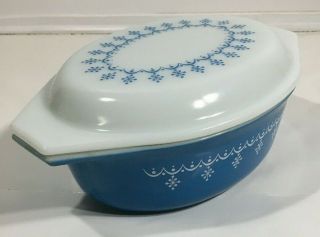 Vtg Pyrex Snowflake Blue Garland 043 1.  5 Qt Oval Casserole Dish 843 Lid Euc