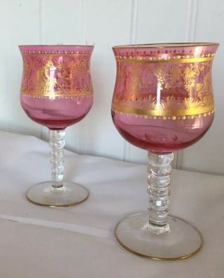 Set 2 Moser Cranberry Art Glass W/gold Gilt Wine Goblet Twist Stems
