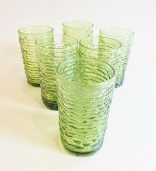 Vintage Avocado Green Soreno Juice Glasses Set Of 6 Anchor Hocking Pressed Bark