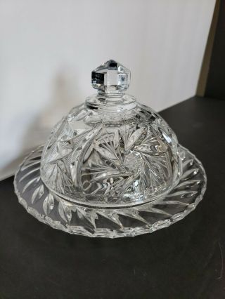 Vintage Hand Cut Crystal Butter/ Cheese Bowl Dish Dome Cover Spiral Star Pattern