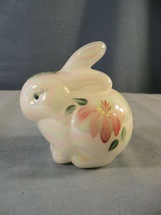 Fenton White Carnival Glass Hand Painted Bunny Rabbit Figurine Pink White Flower