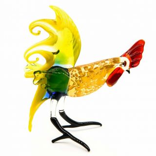 Hand Blown Art Glass Rooster Figurine,  Yellow Handmade Bird Animal Figure 118