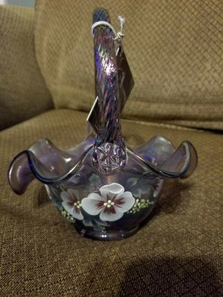 Fenton Mini Basket Art Glass Iridescent Purple,  With Tags Attached