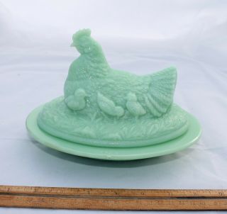 Jadeite Green Glass Hen on Nest with Chicks in Basket Retro Depression Style 2