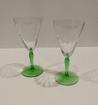 Fostoria Glass Co.  Water Goblets - Spiral Green Stem - 5082 - Two (2)