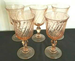 5 Vintage Pink Rosaline Swirl Glass Water Goblet Stemware France Arcoroc 6.  3/8”