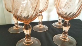 5 Vintage Pink Rosaline Swirl Glass Water Goblet Stemware France Arcoroc 6.  3/8” 2