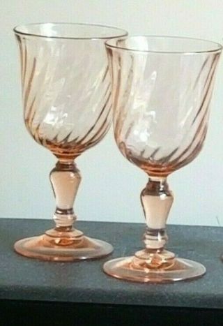 5 Vintage Pink Rosaline Swirl Glass Water Goblet Stemware France Arcoroc 6.  3/8” 3