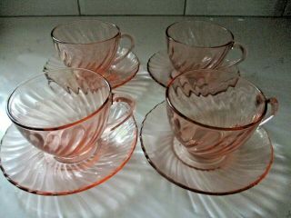 Vintage Arcoroc France Glassware Set Of 4 Rosaline Pink Swirl Tea Cups & Saucers