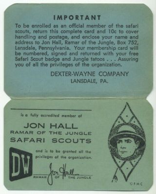 1954 Ramar Of The Jungle Jon Hall Safari Scouts Membership Card W/mail - In Offer