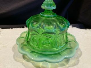 Vintage Mosser Green Opalescent Covered Butter Dish Cherry Rare Htf