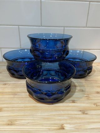 4 Kings Crown Tiara Thumbprint Cobalt Blue Glass Dessert Bowls - Euc