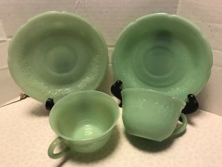 Fire King Jadeite Alice Floral Tea Cup And Saucer Set Of 2