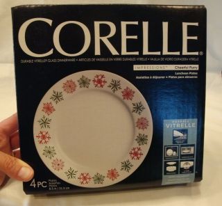 Set Of 4 Cheerful Flurry Corelle 8.  5 " Luncheon Plates Holiday Snowflakes Xmas