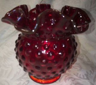 Signed Fenton Hobnail Ruby Red Art Glass Ruffled Rim Vase - 4” Inches