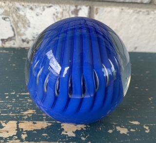 Vintage 3” Art Glass Cobalt Blue & White Swirl Dome Paperweight