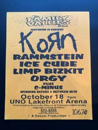 Korn Concert Poster Ice Cube Family Values Tour 1998 Orleans