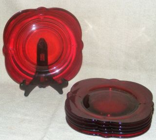 6 Paden City Glass Ruby Crows Foot 8 1/2 " Square Luncheon Plates